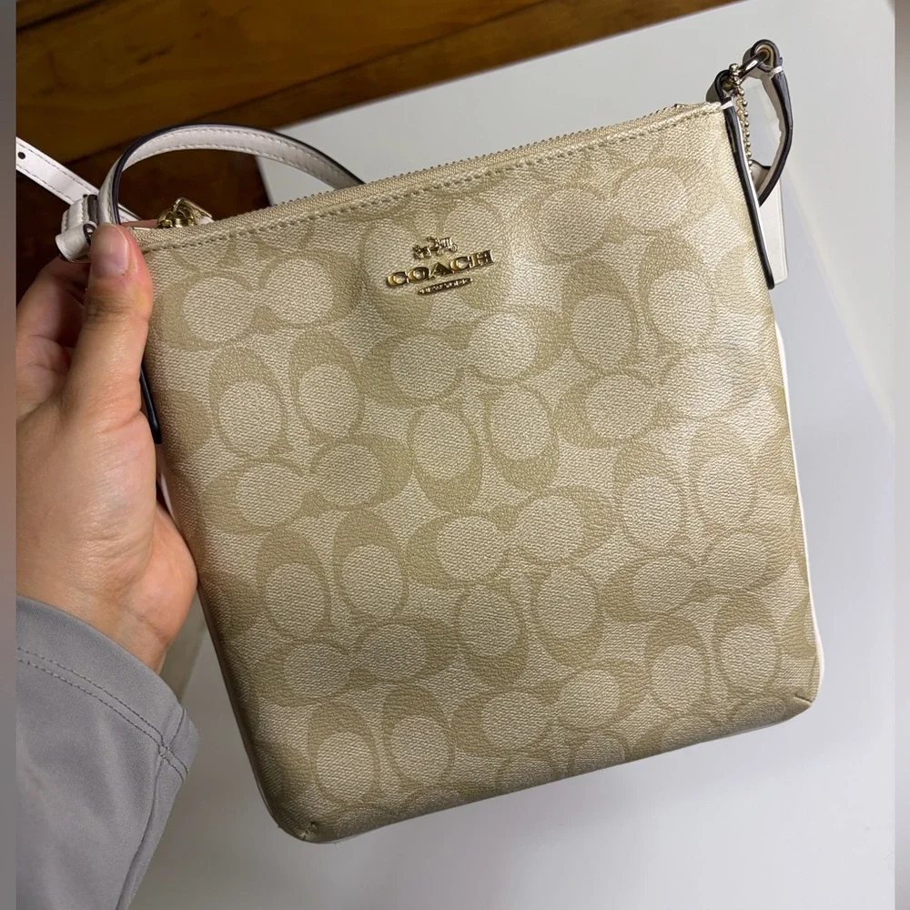 Coach Signature Tan‎ Beige Crossbody Bag with golden hardware